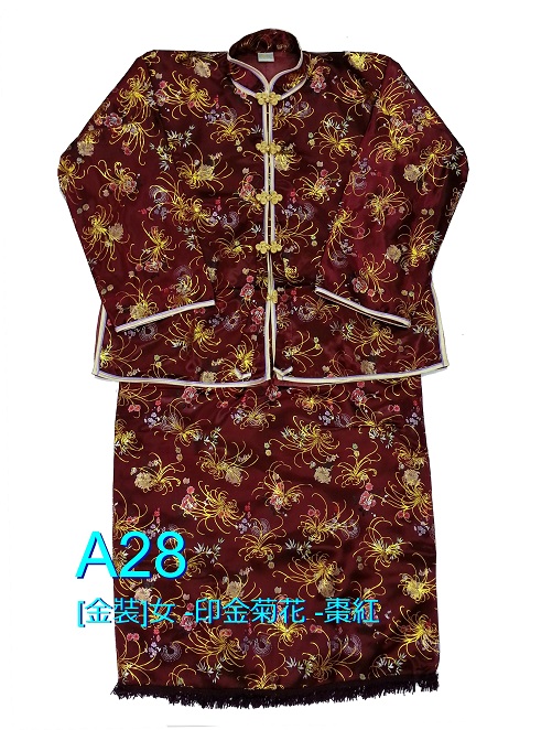 菊花印金夾褂裙_棗紅